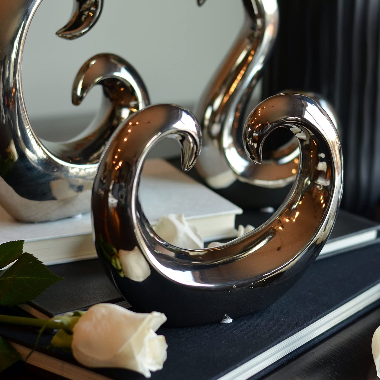 WHW Whole House Worlds Eternity Curl and Wave Sculptures, Set of 3, Decorative Modern Art, Silver Titanium Glazed, High Fired Stoneware, 8.25 Inches