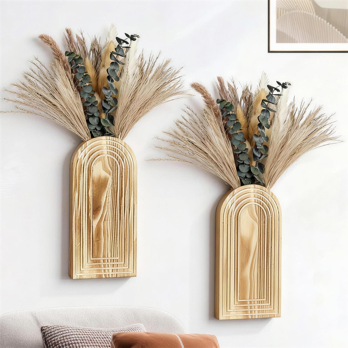 Wooden Wall Vase Set of 2 with Dried Pampas Grass & Eucalyptus – Boho Farmhouse Wall Decor for Living Room, Bathroom, Entryway or Hallway, Rustic Modern Wooden Wall Art
