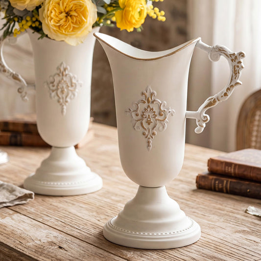 Rustic Metal Flower Vase, Vintage Vases with White Chic Handle, Farmhouse Vase with Waterproof Liner for Wedding Home Decor, 12.2'' Tall Antique Style Metal Vase 4-Package
