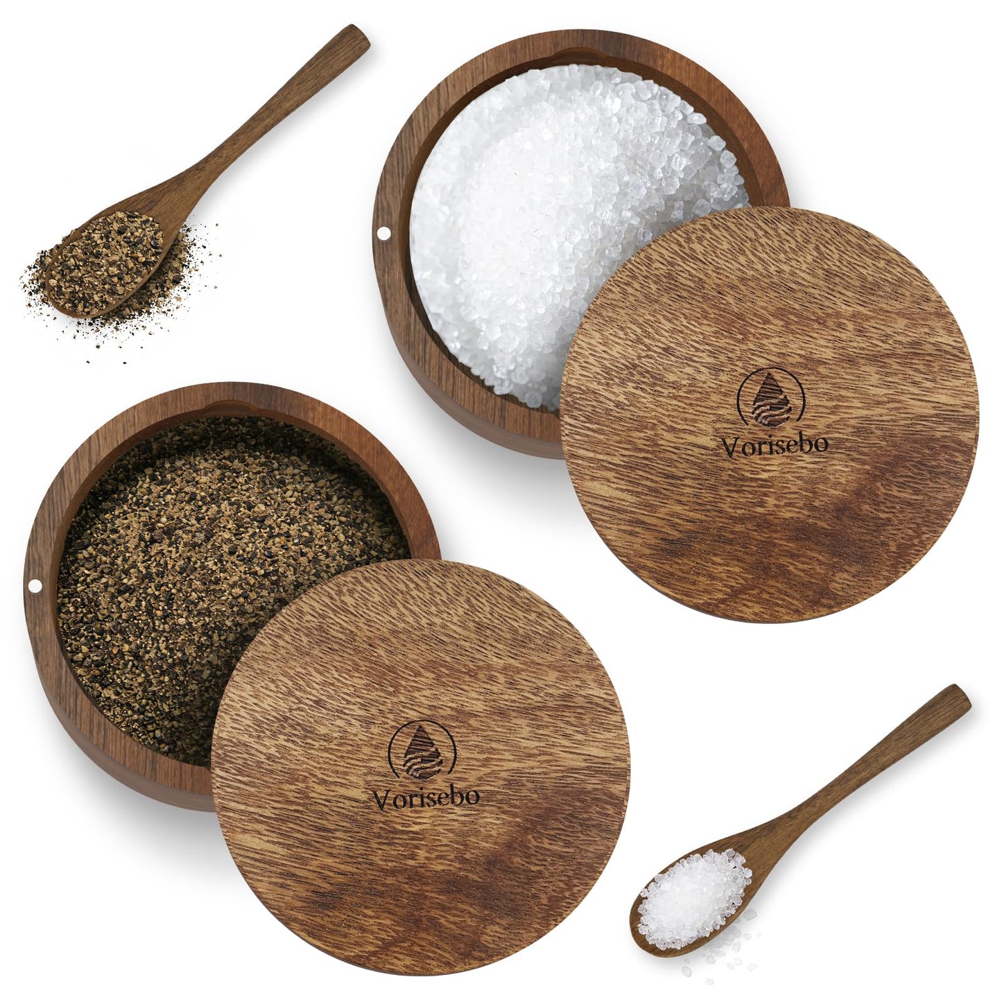 Set of 2 Acacia Wood Salt Container with Built-in Spoon, Elegant Salts Holder with Magnetic Swivel Lid, Each Salt Cellar Box Capacity 6OZ for Kitchen to Storage Pepper, Spice or Favorite Seasonings