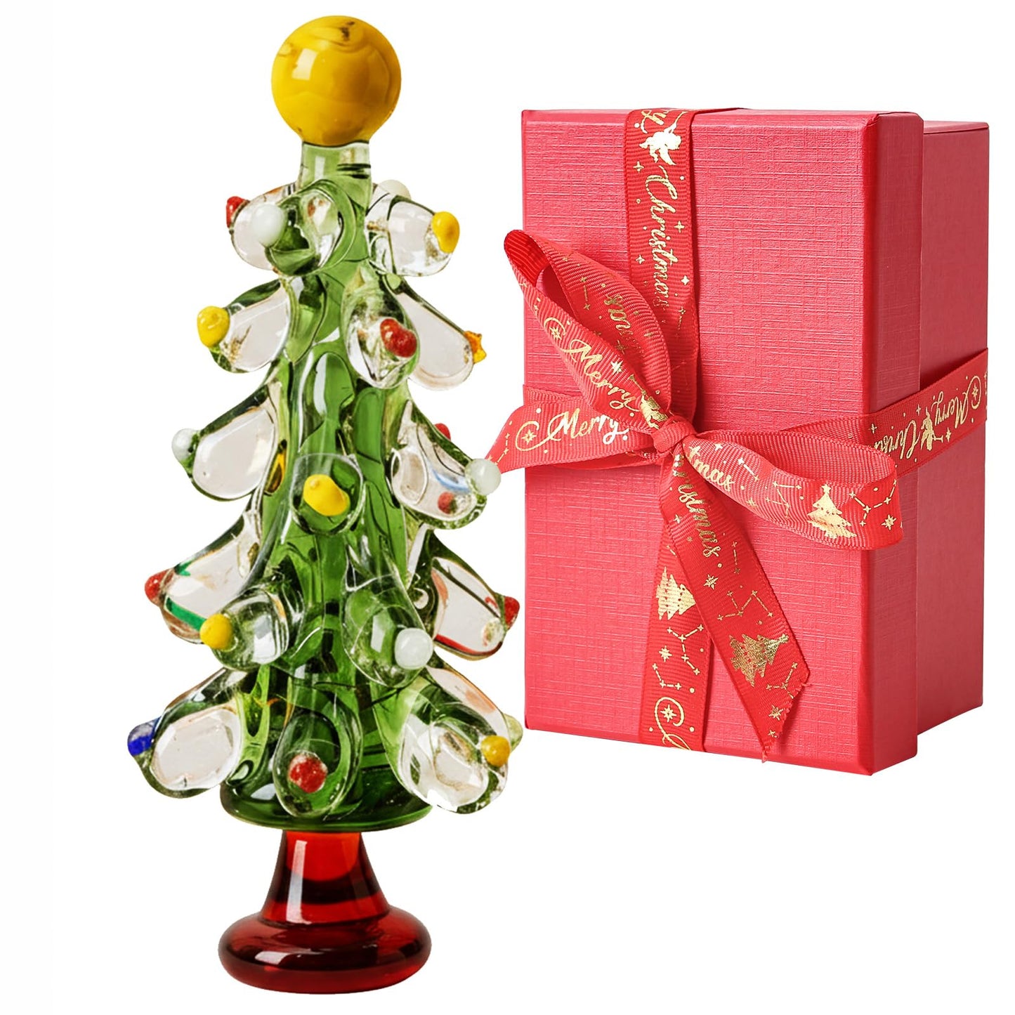 Handmade Glass Christmas Tree with Gift Box, Tabletop Blown Crystal Christmas Tree Gift for Women, Green Small Christmas Figurine Tree Decoration, Healing Stone for Office Home