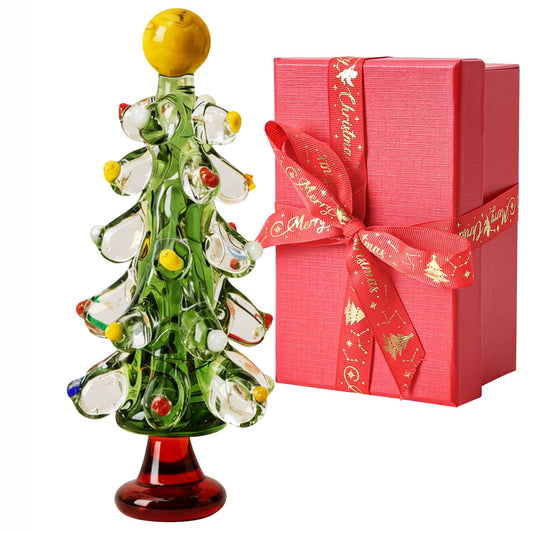Handmade Glass Christmas Tree with Gift Box, Tabletop Blown Crystal Christmas Tree Gift for Women, Green Small Christmas Figurine Tree Decoration, Healing Stone for Office Home