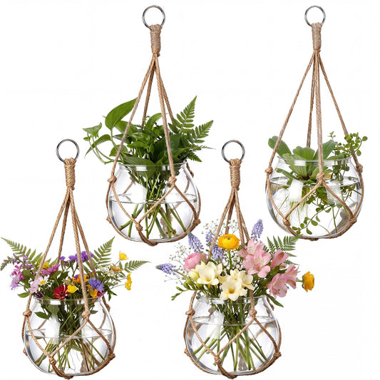 Ferrochef 4 Set Hanging Planter Terrarium, Plastic Propagation Stations Flower Vase Hydroponic Hanging Vase Clear Jar Plants Lover Gifts for Home House Warming Window Kitchen Office Decoration