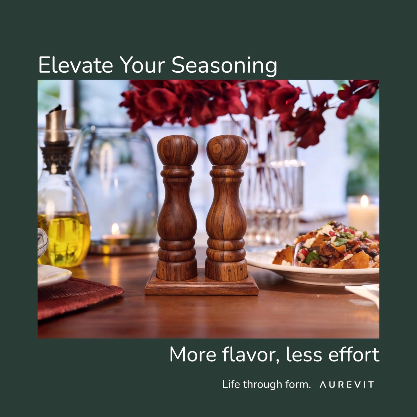Aurevit Wooden Pepper Grinder, Manual Pepper Mill with Stainless Steel Core, Refillable Pepper Shaker with Beech Wood Body, External Adjustable Coarseness, 9” Tall (Chocolate Wood)
