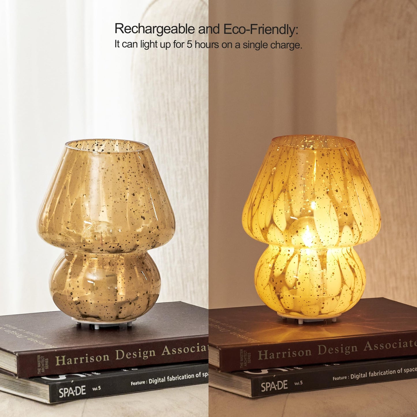 Glass Mushroom Lamp Cordless Table Lamp for Bedroom, Small Desk Bedside Lamps for Living Room, Mushroom Decor Cute Mini Modern Lamps Battery Operated for Night Stands, Aesthetic Home Living Room Decor