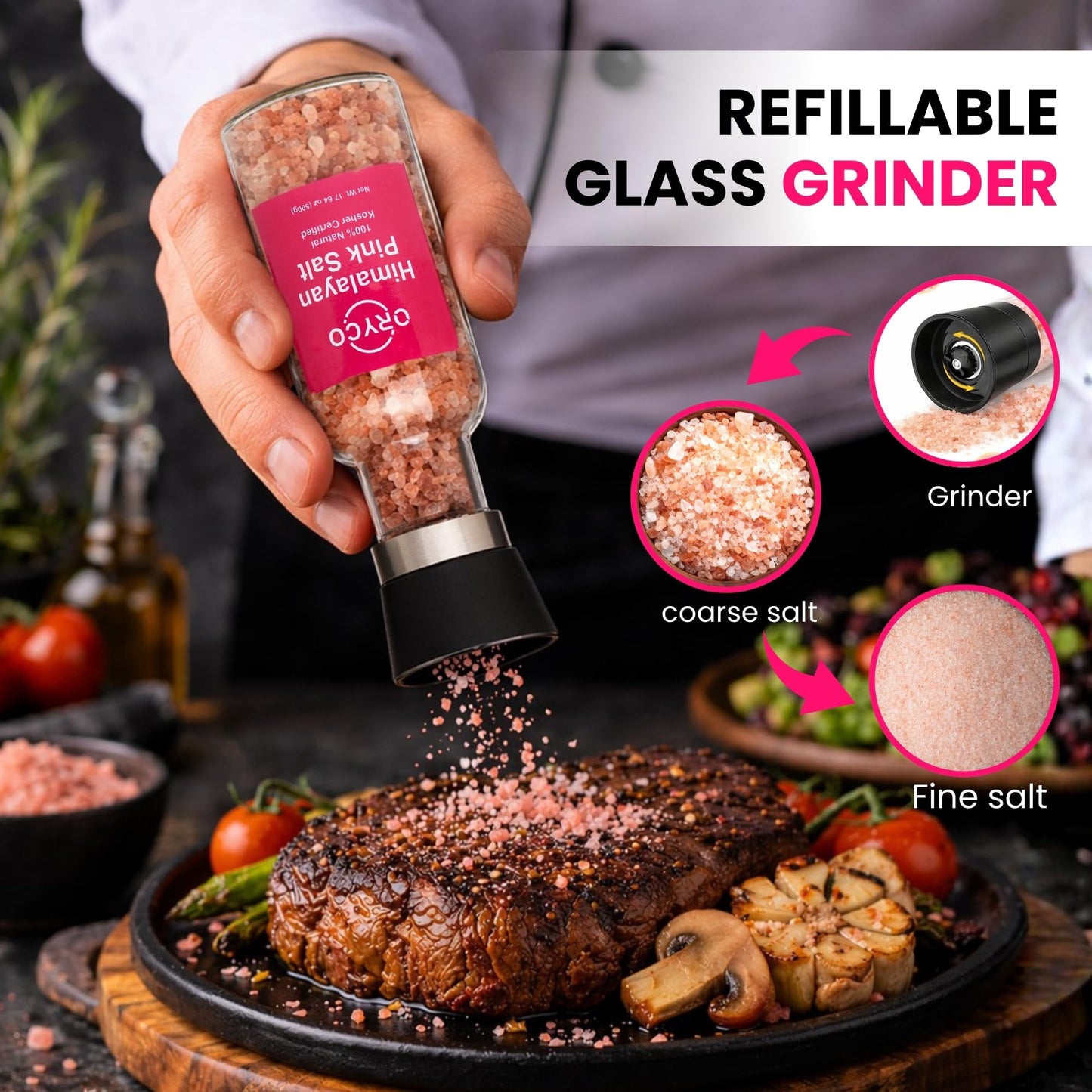 Oryco Himalayan Pink Salt Glass Grinder (17.64 oz) 500g – Refillable Coarse Pink Salt with Grinder, 100% Natural, Kosher, Non-GMO, Fresh Ground Salt for Cooking, BBQ & Kitchen Use