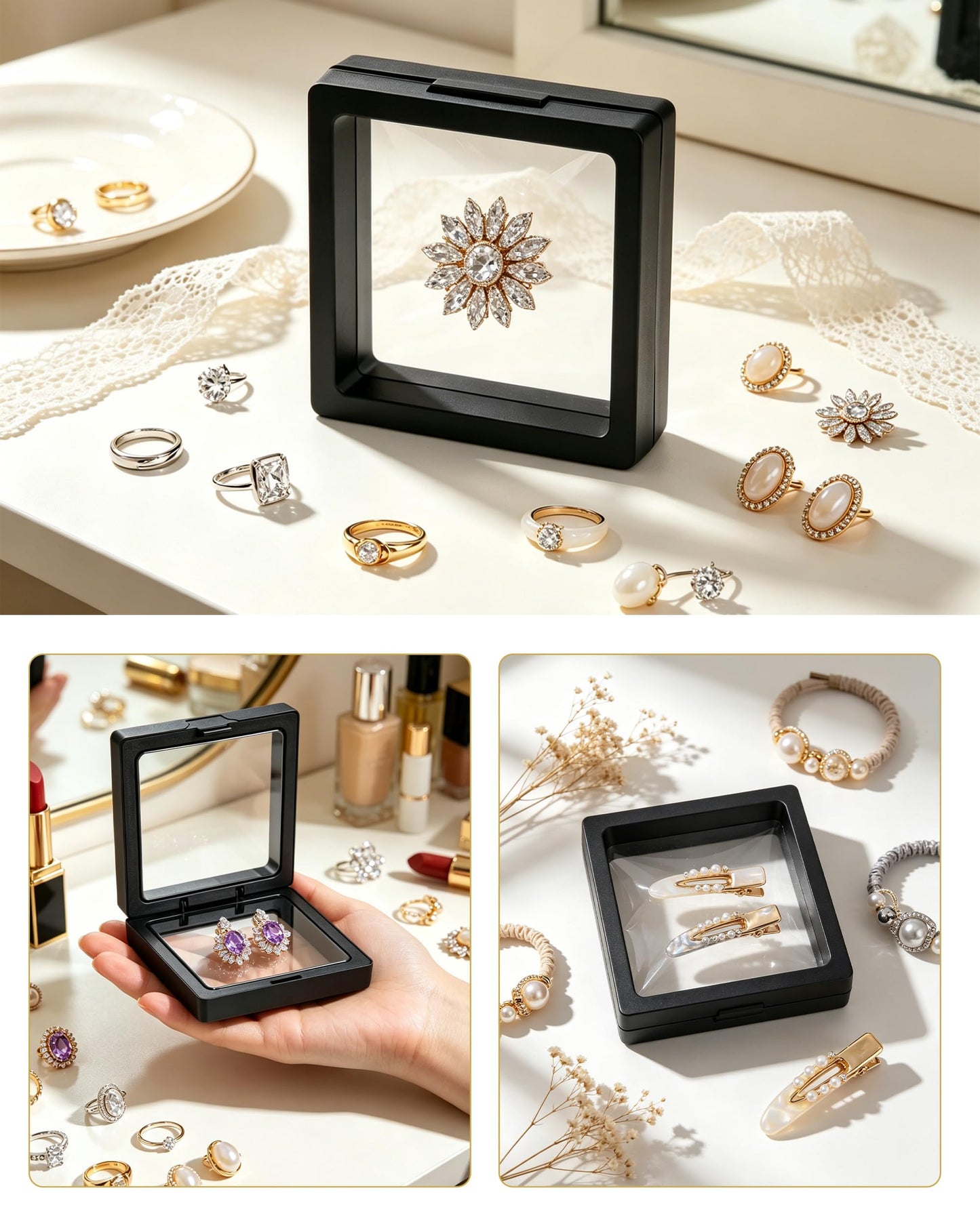 24 Pcs Black 3D Floating Case 2.8 x 2.8 x 0.8 Inch, Clear PE Film Shadow Box with Stands for Antique Coins, Jewelry, Shells, Gems, Minerals, Rocks, Pins & Specimens