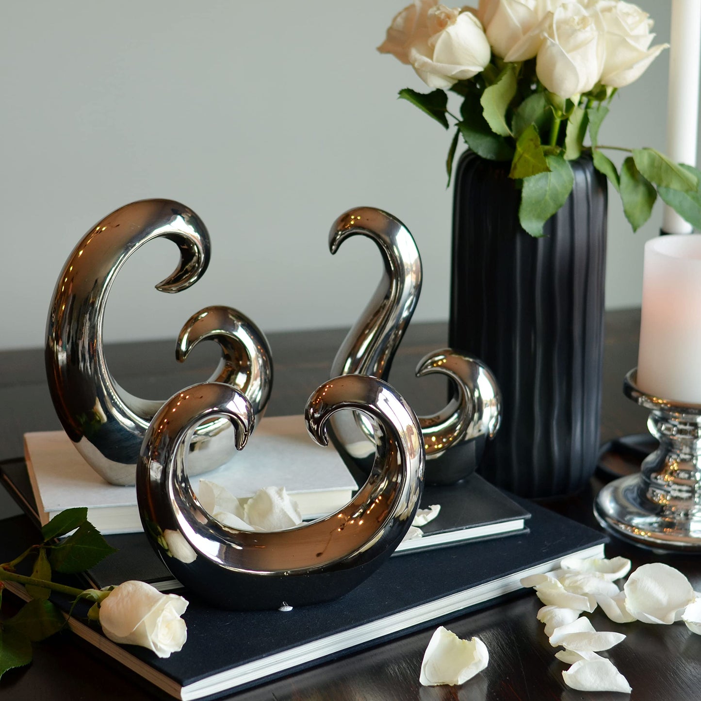 WHW Whole House Worlds Eternity Curl and Wave Sculptures, Set of 3, Decorative Modern Art, Silver Titanium Glazed, High Fired Stoneware, 8.25 Inches