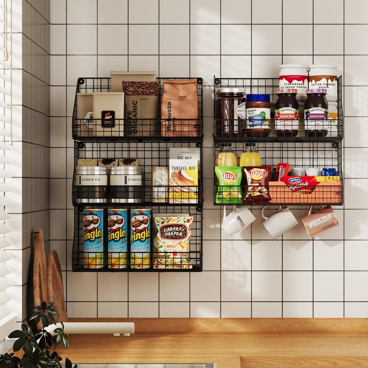X-cosrack 3-Tier Stackable Detachable Snack Organizer (Large Size), Countertop Display/Wall Mounted Shelf with 5 Hooks Wire Basket Snack Shelf for Office Cabinets, Kitchen, Pantry, 11.8x7.8x22 Inch