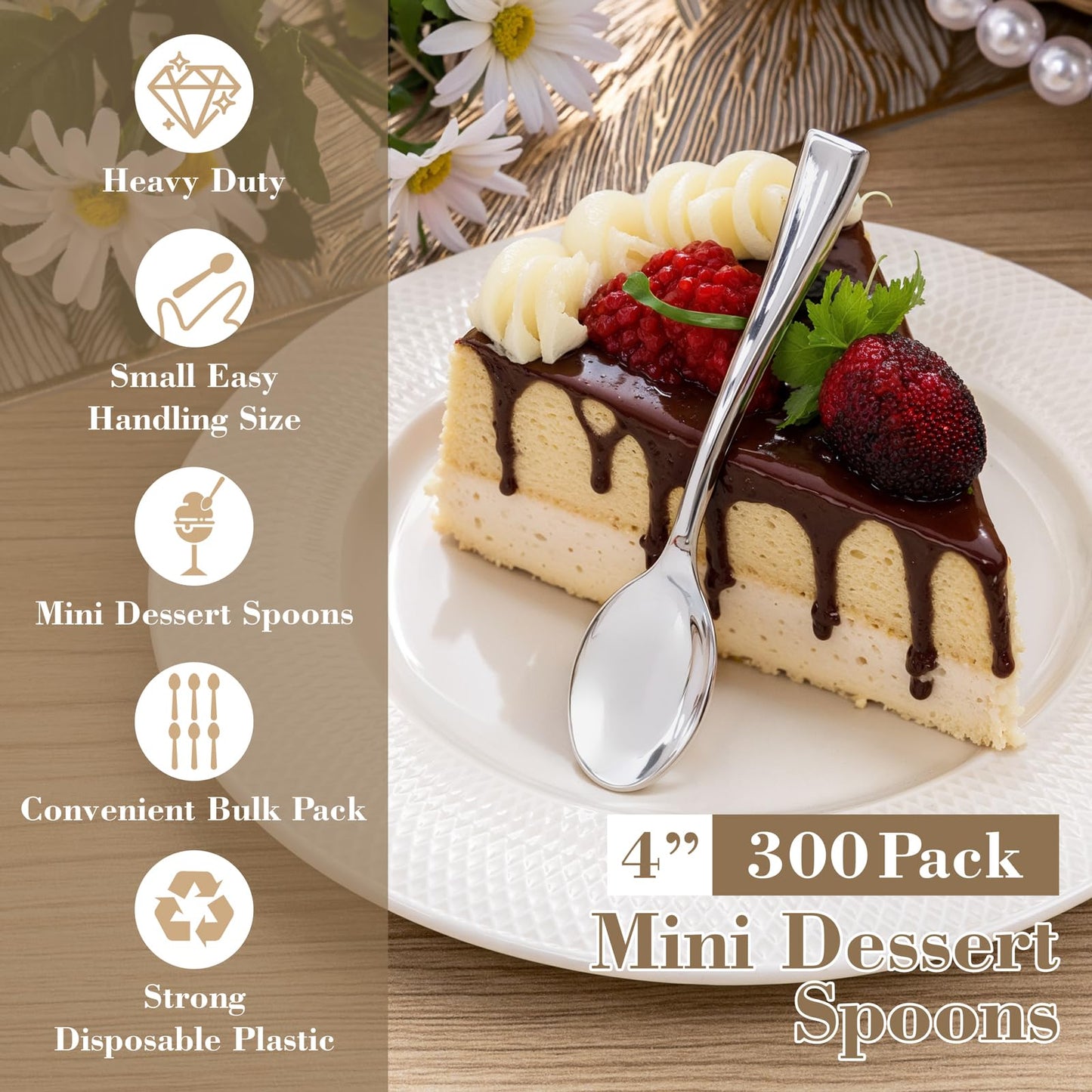 WDF 300 Pieces Plastic Silver Mini Spoons - 4 Inches Silver Plastic Tasting Spoons for Desserts, Heavy Duty Disposable Spoons Perfect for Coffee, Cake, Desserts, Appetizers for Wedding Spring Party