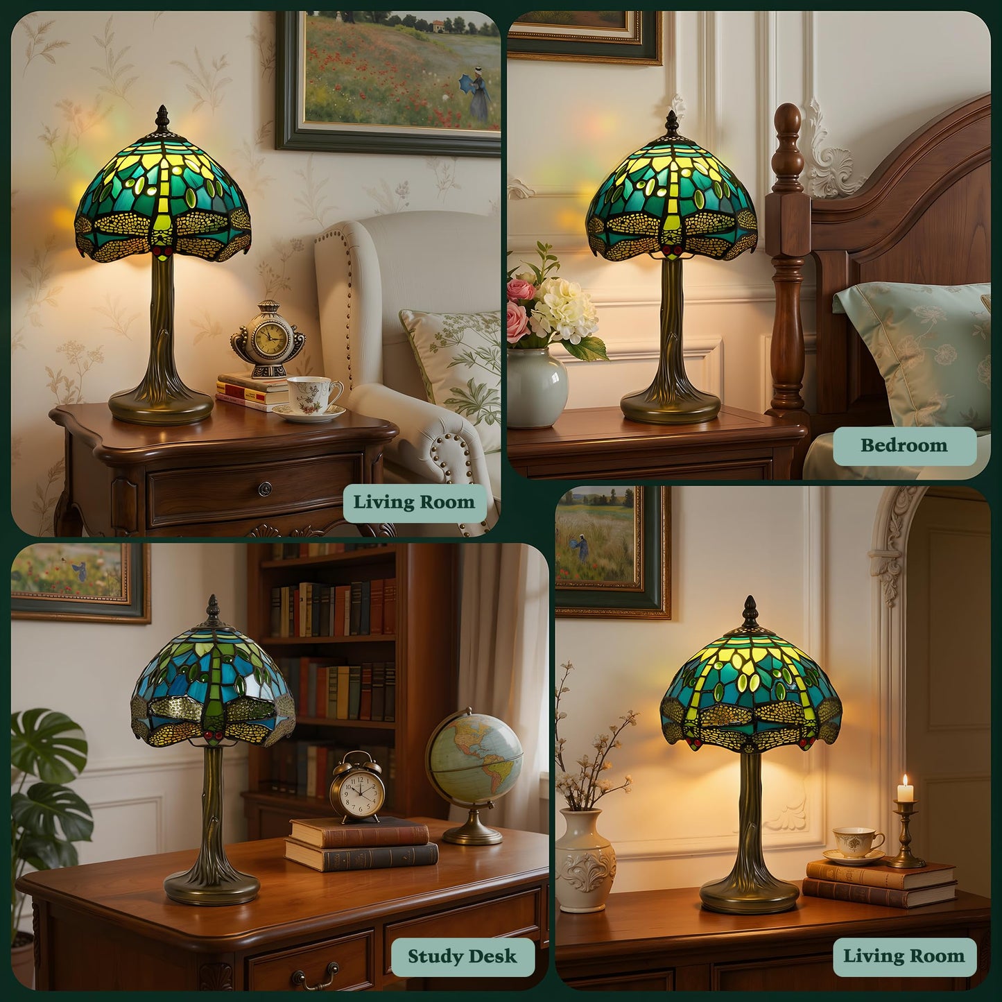 Rynxphera Tiffany Table Lamp, 8 in Small Stained Glass Dragonfly Table Lamp