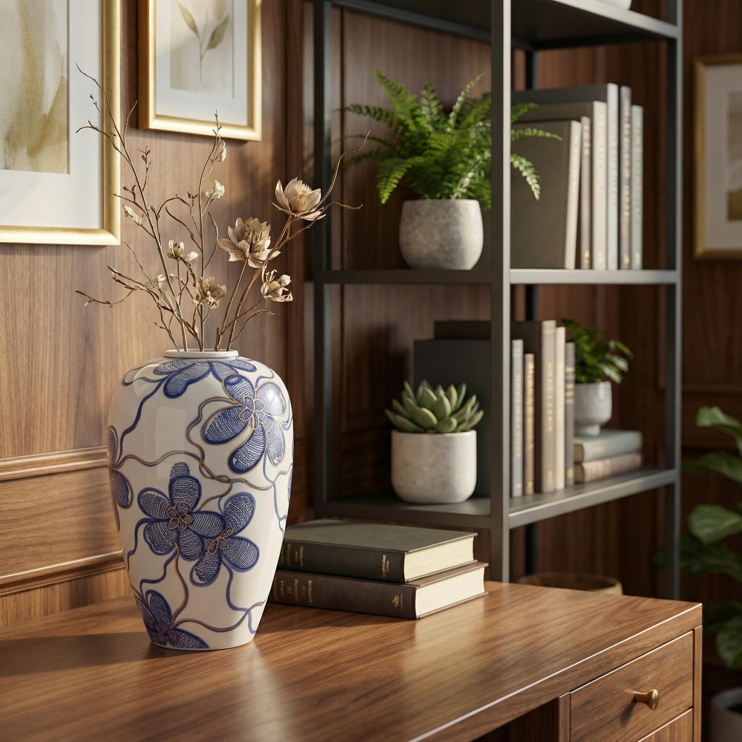 Blue and White Ceramic Vase for Home Decor – Hand-Painted Porcelain Flower Vase with Gold Accents – Chinoiserie-Inspired Home Decor Vase – 11" for Table, Shelf, or Mantel