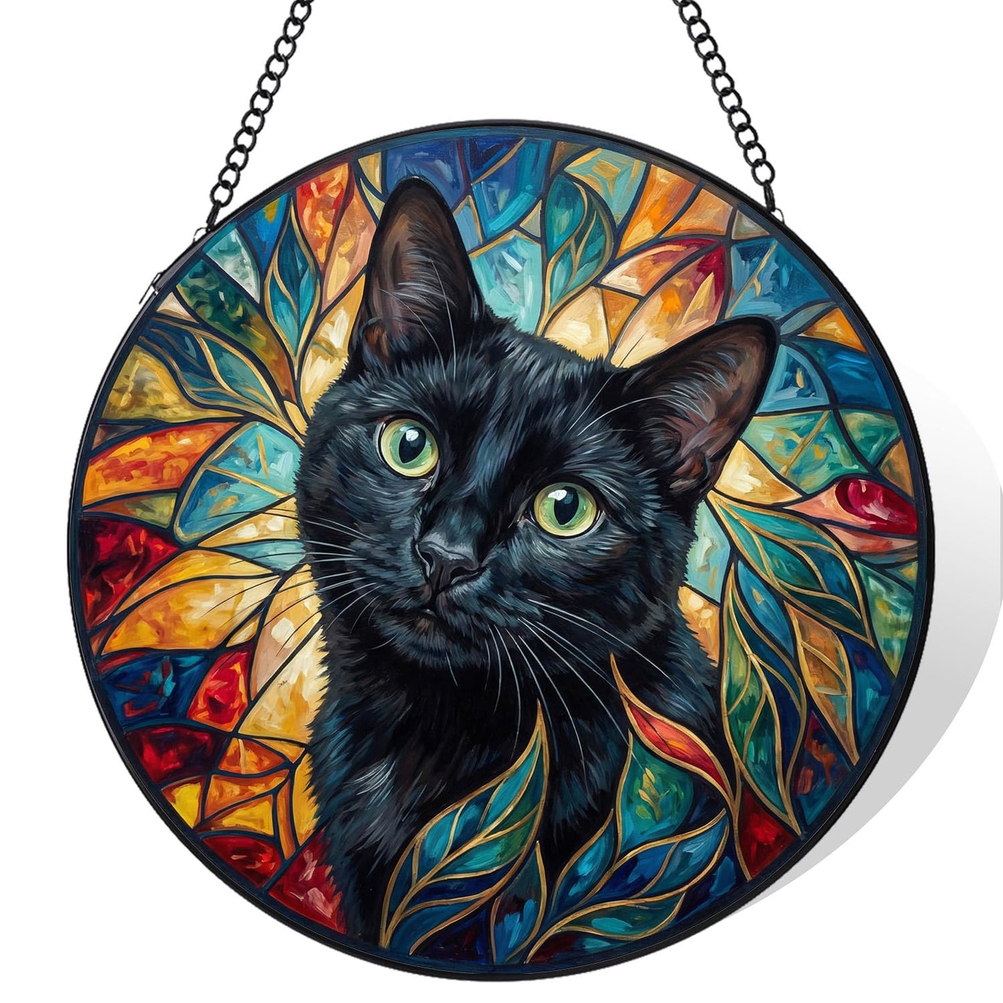 Stained Glass Window Hanging, Black Cat Stained Glass Style Leaves Suncatchers Glass, Sun Catcher Decoration Wall Decor, Cat Lover Gifts, Mother Gifts