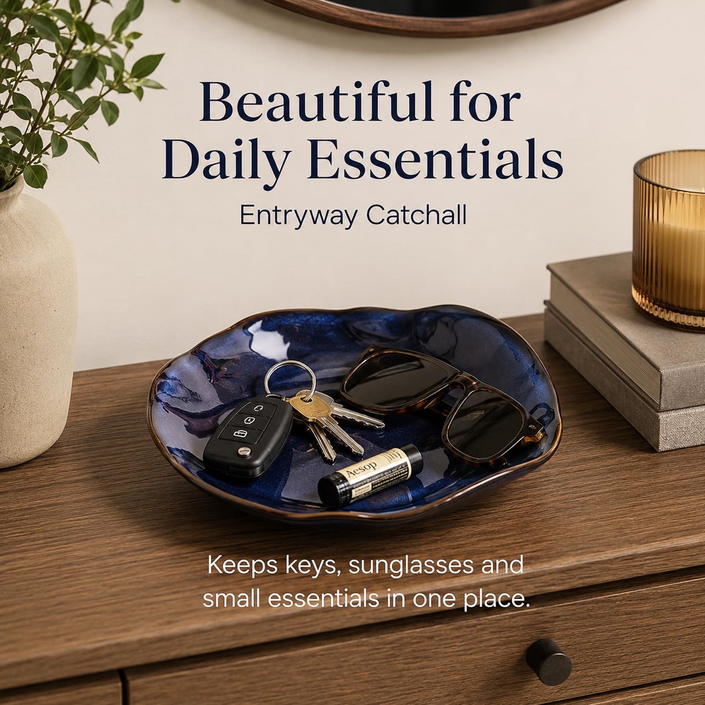 Blue Ceramic Decorative Bowl –8.3" Small Trinket Dish, Fruit Bowl, Candy Dish, Key Bowl for Entryway Table, Jewelry & Ring Dish, Porcelain Catchall Dish for Kitchen, Bedside, Living Room Home Decor