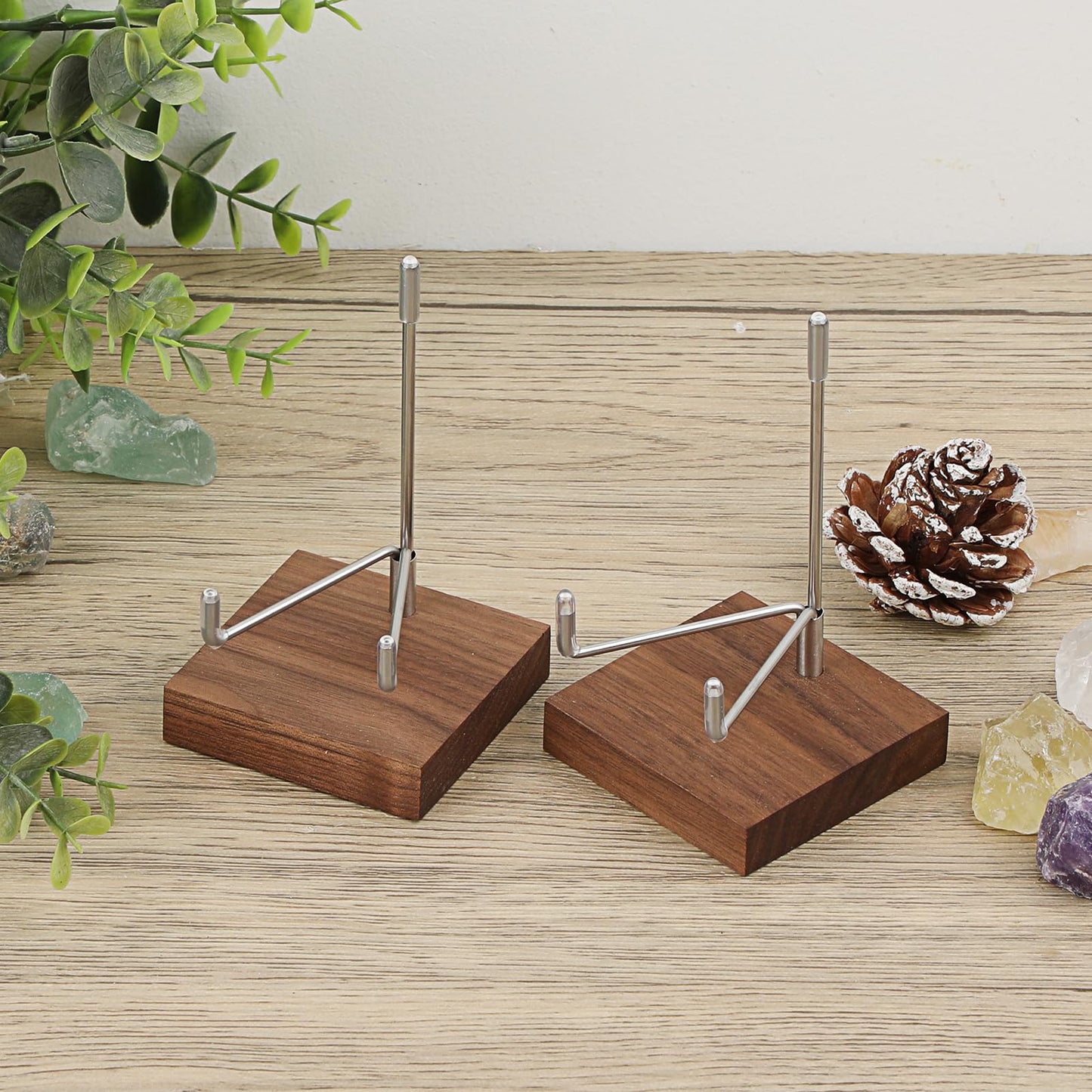 Hipiwe 2 Pack Crystal Display Stand Adjustable Metal Arms Display Stand Easel with Wooden Base for Displaying Geodes Rock Mineral Agate Coral Seashell and Small Collectibles,Medium