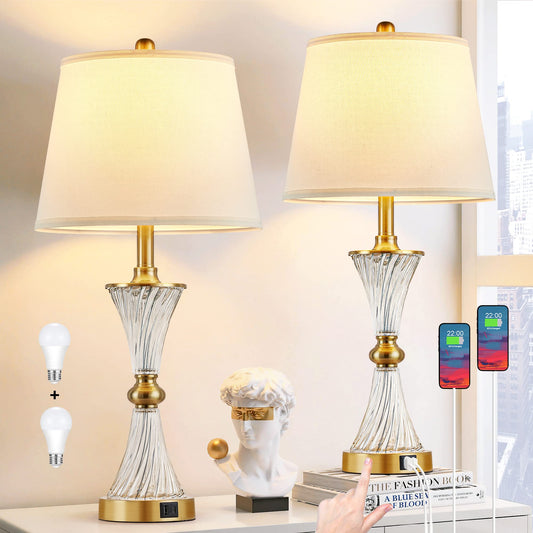 BZZMMB 27" Bedroom Lamps Set of 2, Gold Glass Touch Lamps with USB C+A Ports, 3-Way Dimmable Light Fixture for Nightstand, Modern Table Side Lighting for Living Room, 2 Bulbs Included