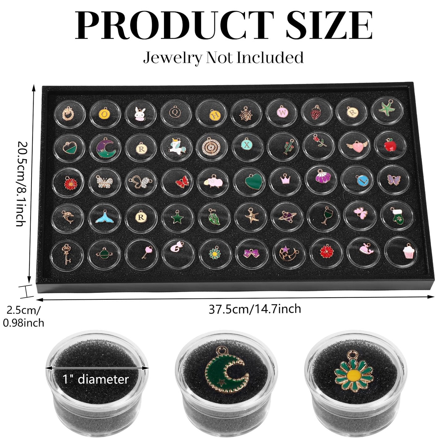 Geelin 2 Pcs Gem Display Case 100 Case Gem Jars 14.7" x 8.1" x 0.98" Black Foam Insert Trays Foam Sheet with 1" Small Storage Jars with Lids for Gemstones Jewelry Coins Beads Collectibles