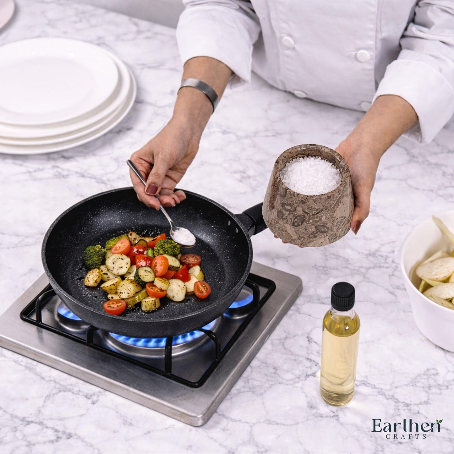 EARTHEN CRAFTS Marble Salt Cellar with Lid & Spoon Oceanic 4" Inch Seasoning & Spice Jar Salt Storage Container Salt Dish Salt Box 9.5 OZ, Coffee Holder for Kitchen Counter