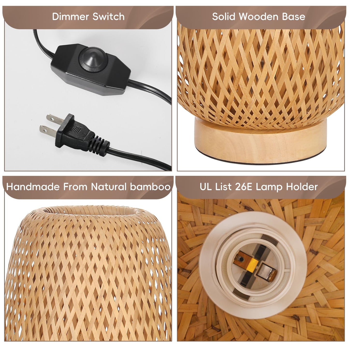 Hodevimall Boho Rattan Table Lamp, Stepless Dimmable Small Beside Lamp, Vintage Nature Wicker Wooden Nightstand Boho Bamboo Woven End Table Lamps for Bedroom Living Room Desk Kids Room