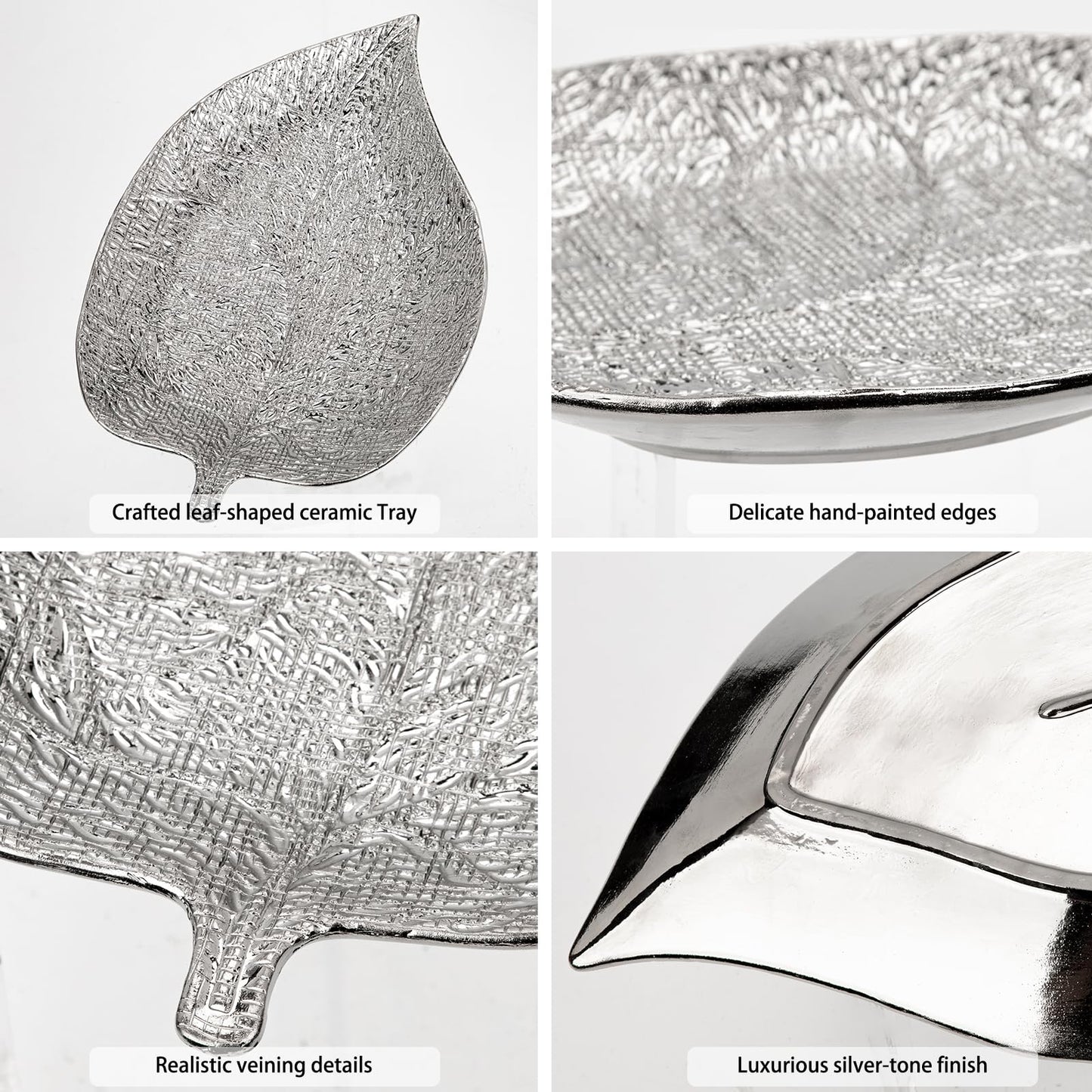 Oversized Leaf-Shaped Ceramic Jewelry Tray, 14.7" Extra Large Decorative Tray Silver Vanity Trays for Rings, Necklaces, Keys, Gifts for Mom, Coffee Table & Entryway Table Trays, 1 Pack