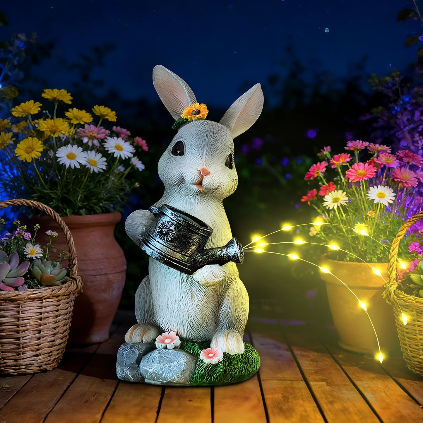 Foyucool Solar Garden Decor Watering Bunny Statues Outdoor, Outdoor Sculpture Figurine Statue Lights, Outdoor Garden Yard Lawn Patio Decoration, Unique House Warming Birthday Present for Women Family