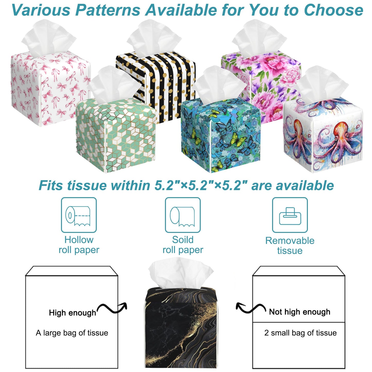 Black Golden Marble Tissue Box Cover Square,Leather Tissue Holder with Bottom Belt,Waterproof Facial Paper Organizer Tissue Box Cover for Home Office Bathroom Vanity Countertop,5.2" x 5.2" x 5.2"