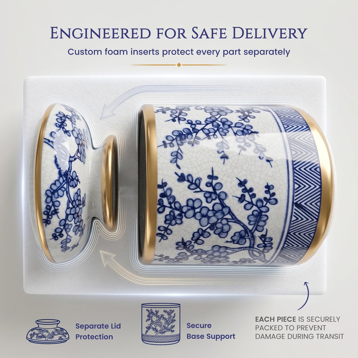 Tissue Vessel Round Ceramic with Lid - Handmade Blue and White Chinoiserie Ceramic Tissue Holder for Bathroom – Chinoiserie Decor Accent for Living Room, Bedroom, Office - Blue and White Porcelain