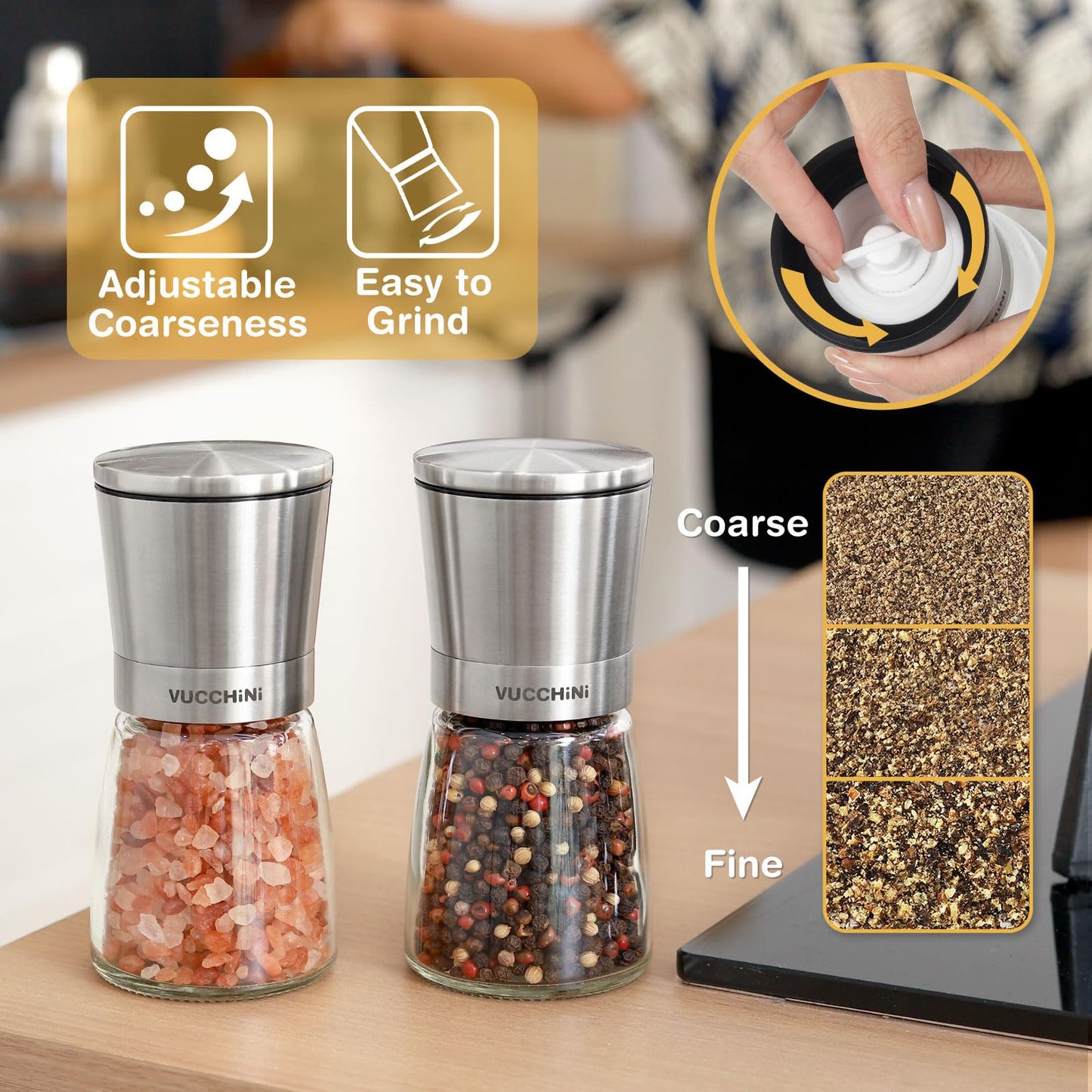 VUCCHINI Salt and Pepper Grinder Set - Adjustable Stainless Steel Spice Ceramic Grinders Mill Shaker for Kitchen Table - Stainless Steel color