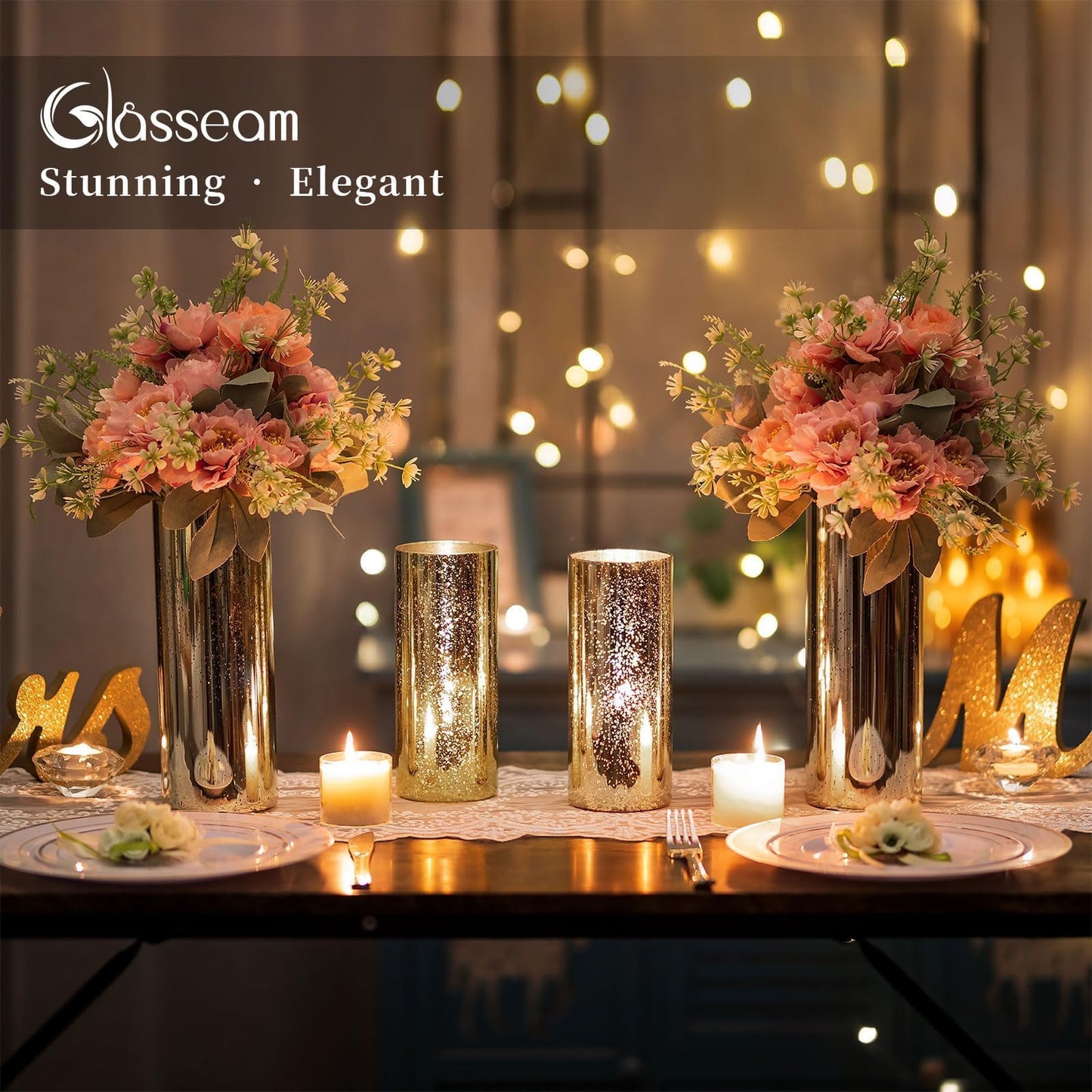 Glasseam Gold Cylinder Vases for Centerpieces: 12 Modern Mercury Hurricane Glass Vase Set for Flowers - Decorative Golden Pillar Candle Holders for Wedding Party Dining Room Table Decor