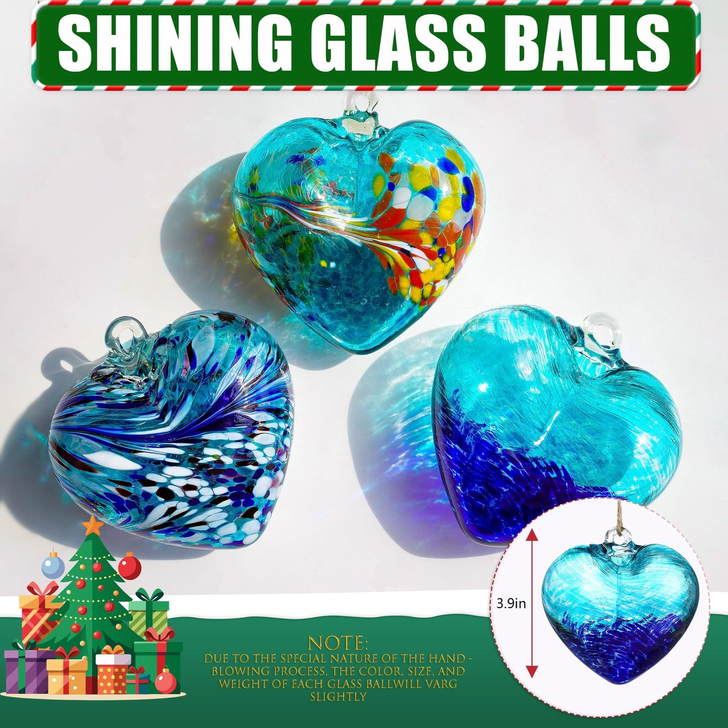 Hand Blown Glass Gazing Balls for Garden 3.8" Glass Ornaments for Christmas Tree Blue Heart Hanging Friendship Balls (Blue - C)