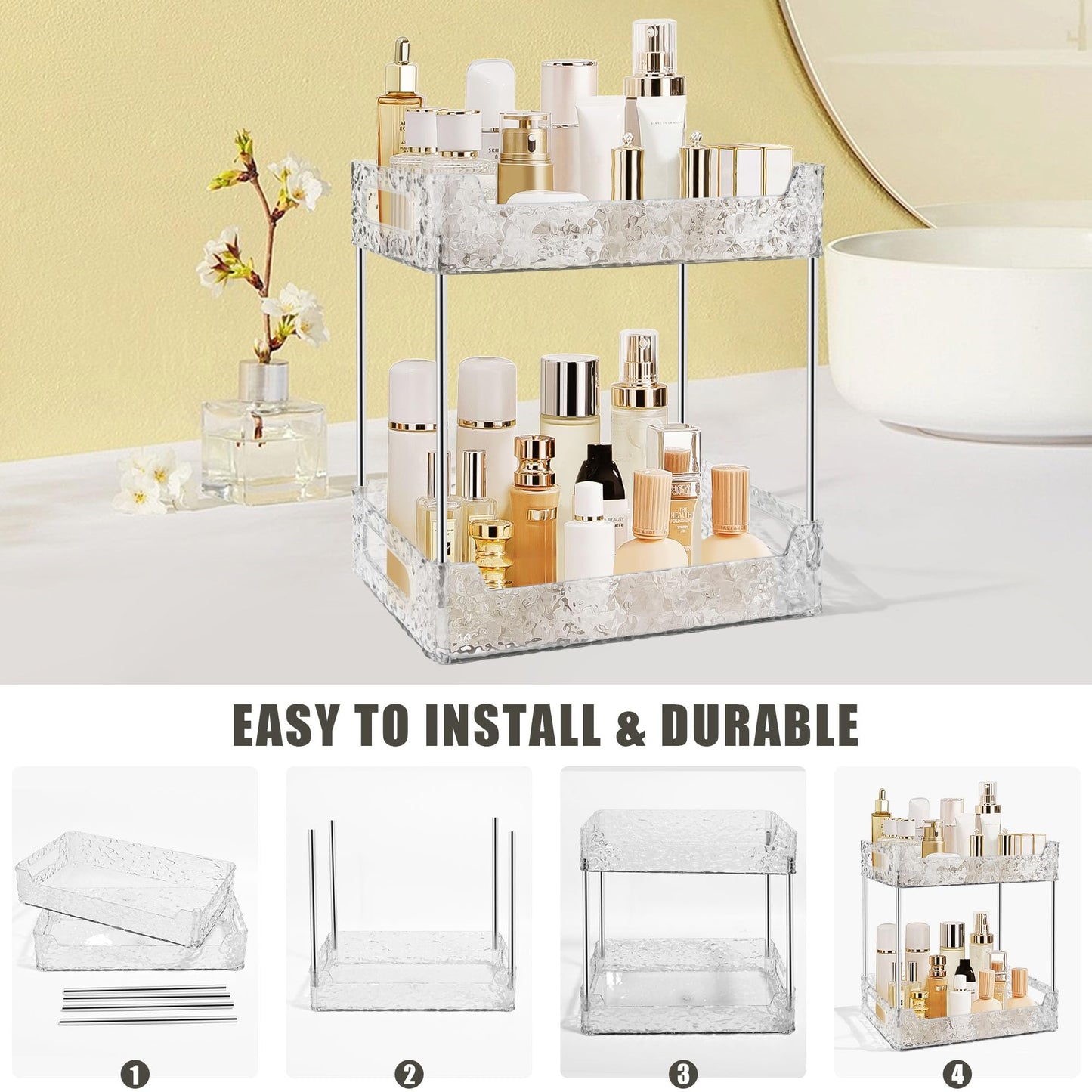 TENDER EPOCH 2-Tier Bathroom Counter Organizer Countertop Storage, Dresser Organizer Vanity Tray for Makeup, Perfume Organizer Cosmetics Skincare Shelf - Clear