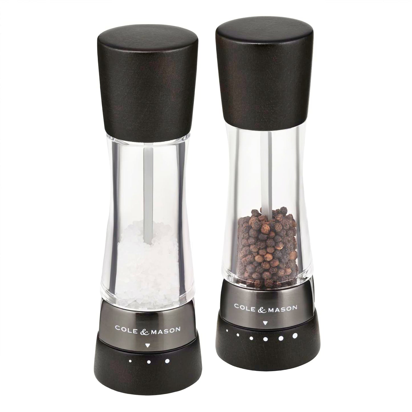 Cole & Mason H332293 Derwent Black Wood Salt and Pepper Mills, Gourmet Precision+, Adjustable Grind, Stained Beech/Acrylic, 190 mm, Gift Set, Includes 1 Salt and 1 Pepper Grinders