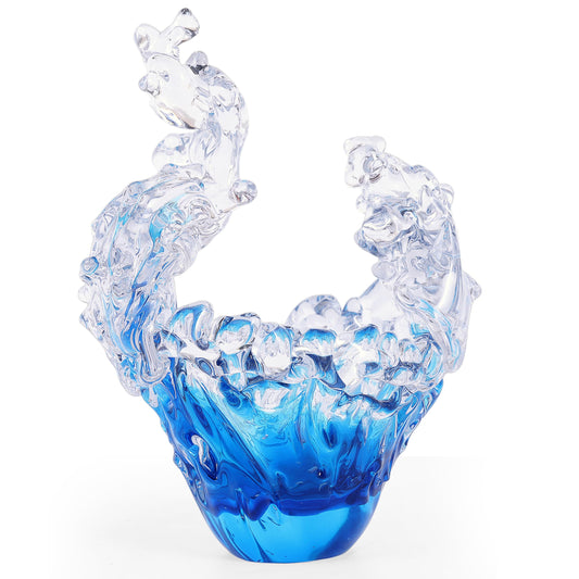 suruim Hand Blown Glass Wave Sculpture Figurines Blue and Clear Art Glass Bowl for Home Decor, Sea Glass Figurine, Nautical Sea Glass Decorations, Multipurpose Storage for Keys, Jewelry, Candy