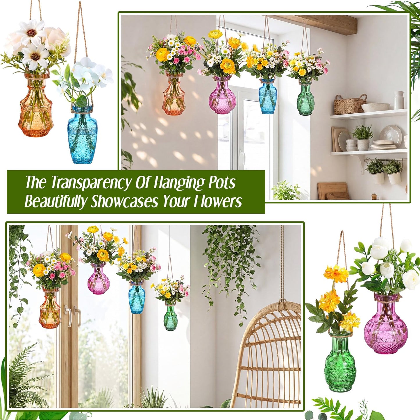 Wonderjune 4 Pcs Stained Glass Hanging Vases Hanging Glass Planters Small Plant Terrarium Pot Containers with Rope for Garden Home Indoor Outdoor Decor, 4 Styles (Elegant)