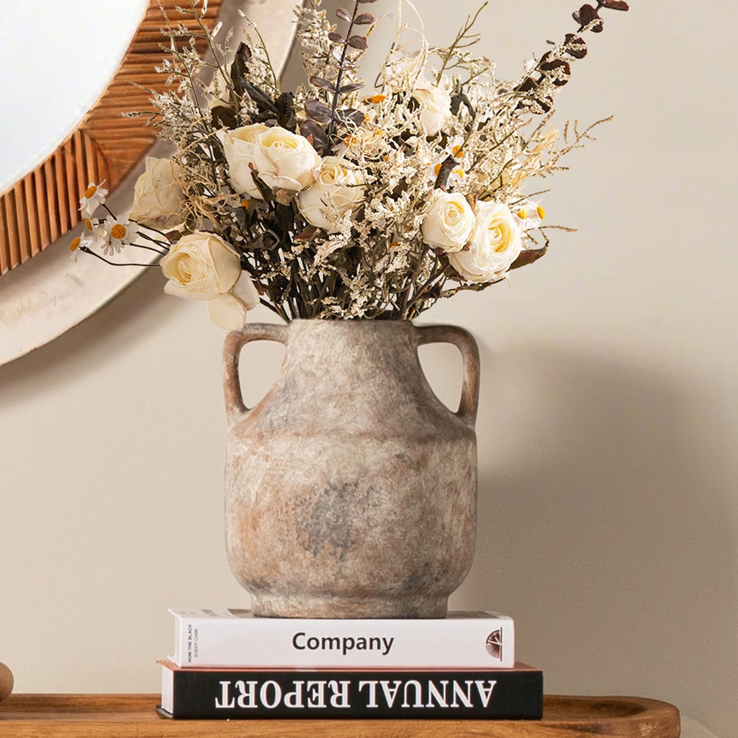 Mitt&Ditt Ceramic Flower Vase with Handles, 8 inch Tall Off-White Vase, Decorative Terracotta Vases, Farmhouse Rustic Pottery Vases for Home Decor, Living Room, Table