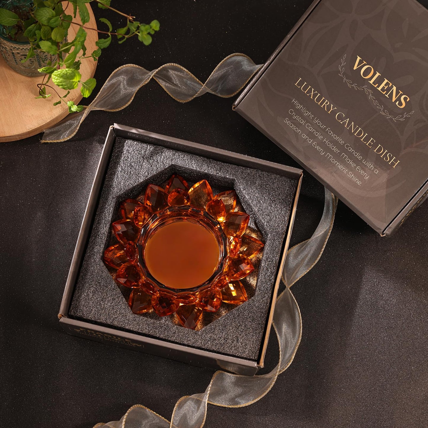 Crystal Lotus Candle Dish – Amber Decorative Tray for Candles & Diffusers