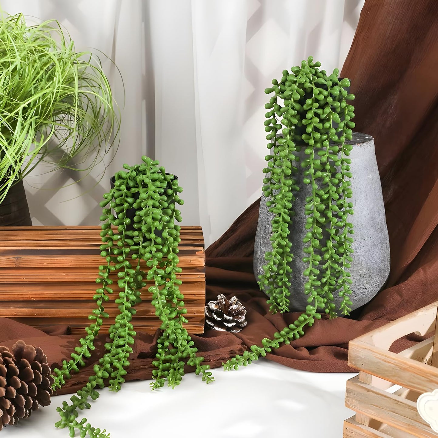 Amore Florals 6 Pcs Succulents Plants Artificial Hanging Plants-String of Pearls Faux Greenery,Fake Succulents Hanging Plant for Home Backdrop Garden Indoor/Outdoor Wall Decor