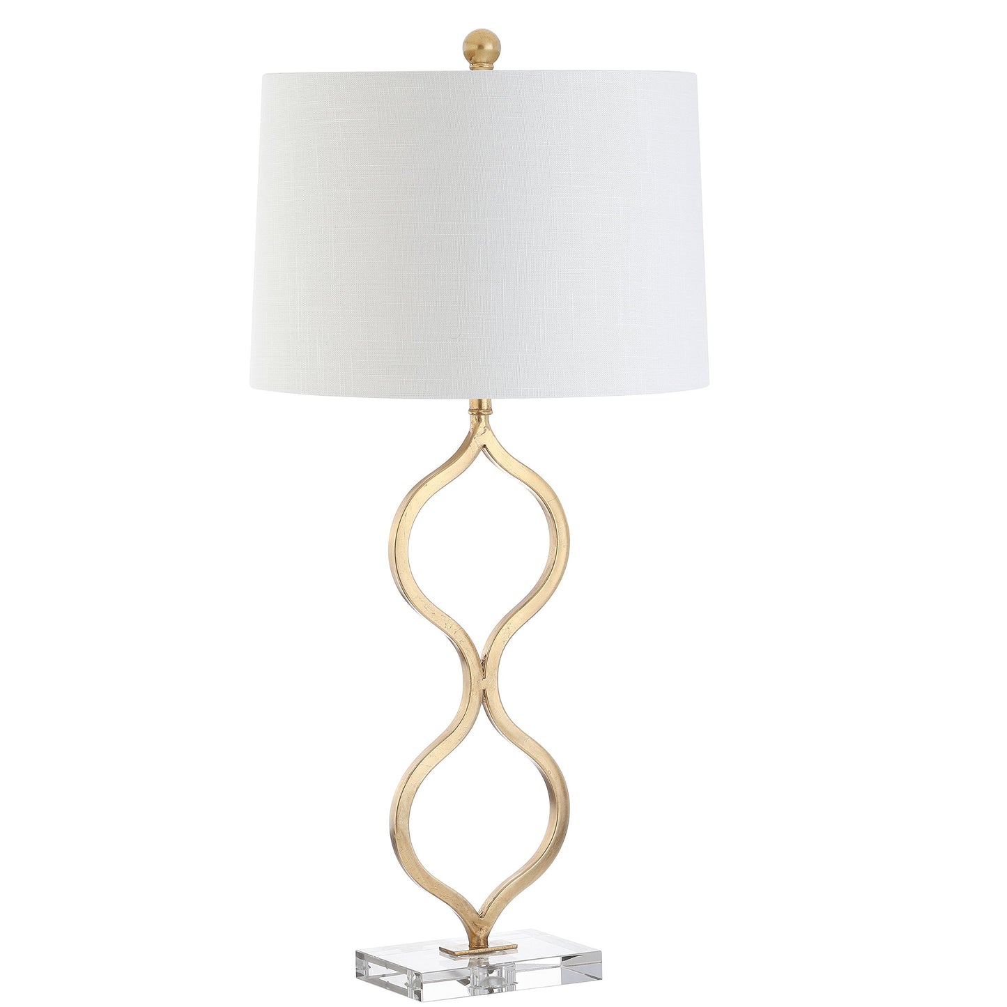 JONATHAN Y 31.5" Gold Curved Metal and Crystal Table Lamp, Modern Glam Bedside Lamp with White Linen Drum Shade for Living Room and Bedroom, LED Bulb Included JYL3028A