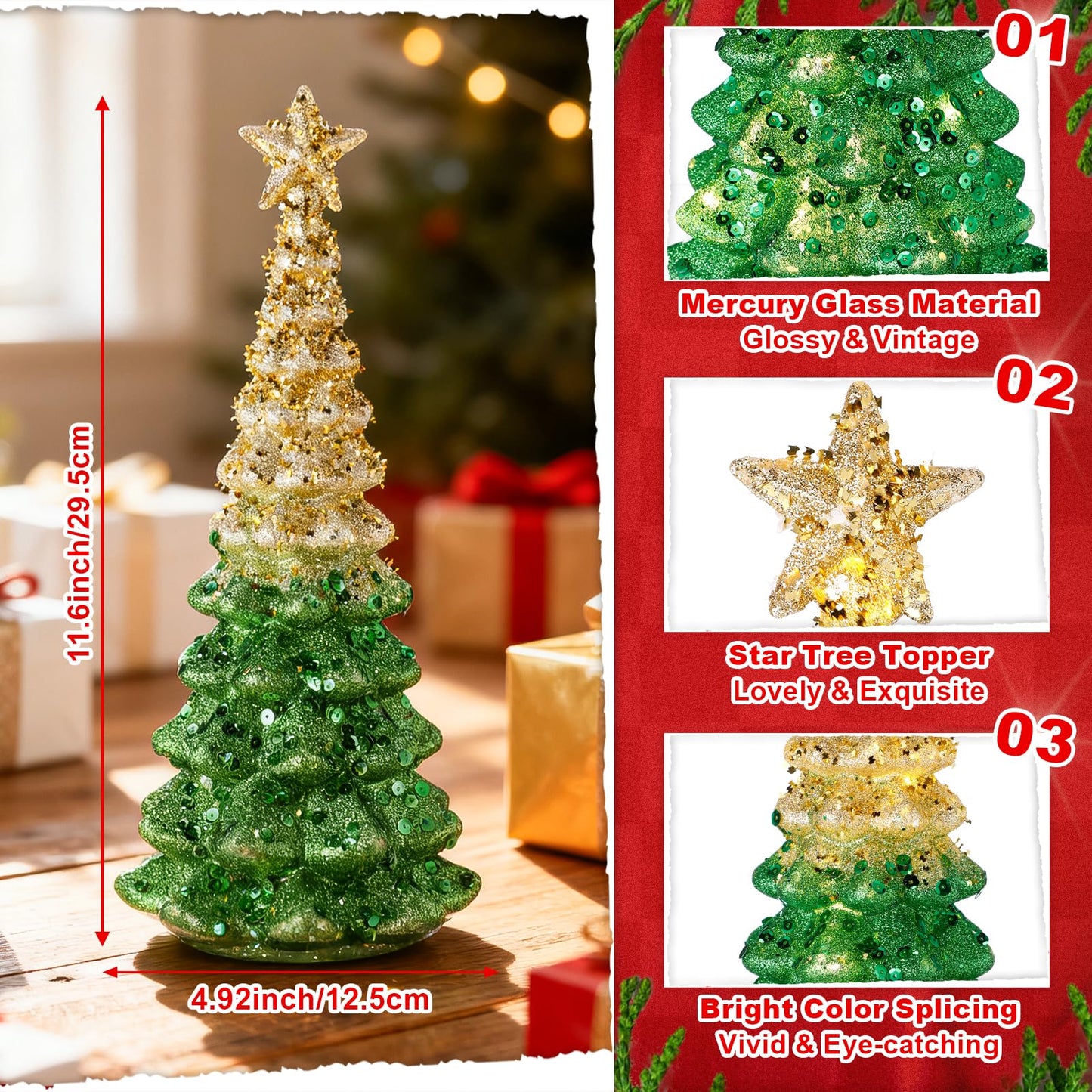 2 Pcs Mercury Glass Christmas Tree for Tabletop Light up Christmas Decor 11.6" Illuminated Glass Xmas Tree Battery Operated Xmas Table Centerpiece for Home Fireplace Festive Decor Gift(Gold)