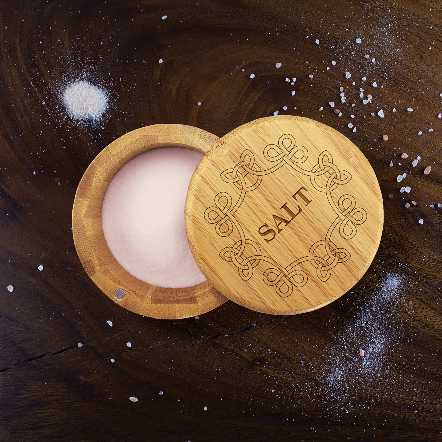 Totally Bamboo Salt Cellar Bamboo Storage Box with Magnetic Swivel Lid, 6 Ounce Capacity, Celtic Knot Engraved on Lid