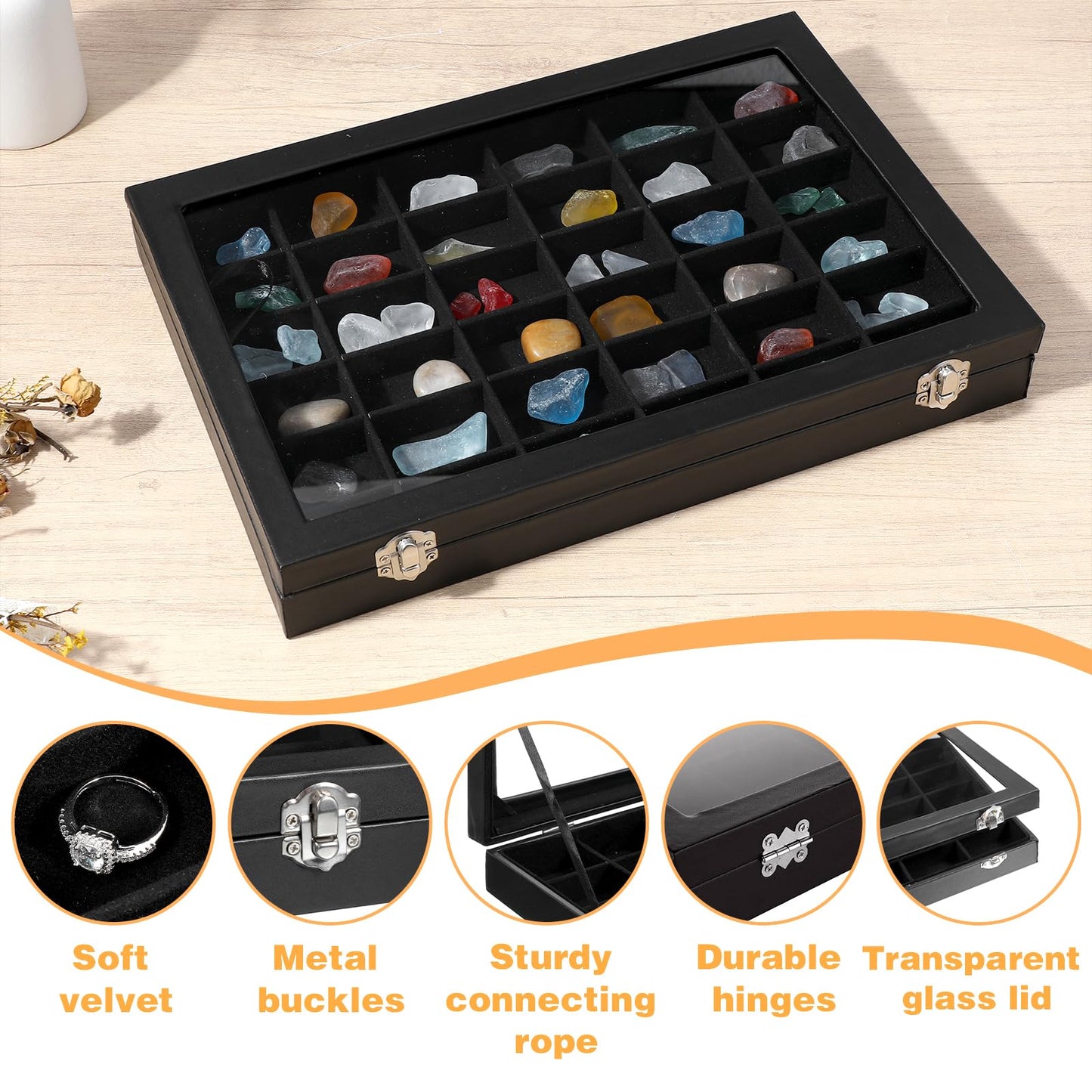 Leooomap 2 Pack 36 Grid Crystal Display Case, Rock Collection Display Case with Clear Lid & Velvet Grids - Black PU Leather Rock Storage Box for Gemstones, Minerals, Collectibles