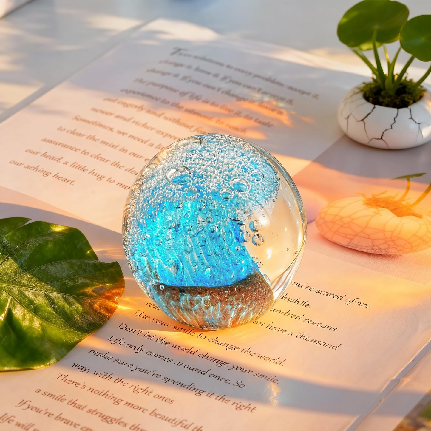 ZEERSHEE Hand Blown Ocean Wave Glass Ball, 2.3" Blue Glass Paperweight