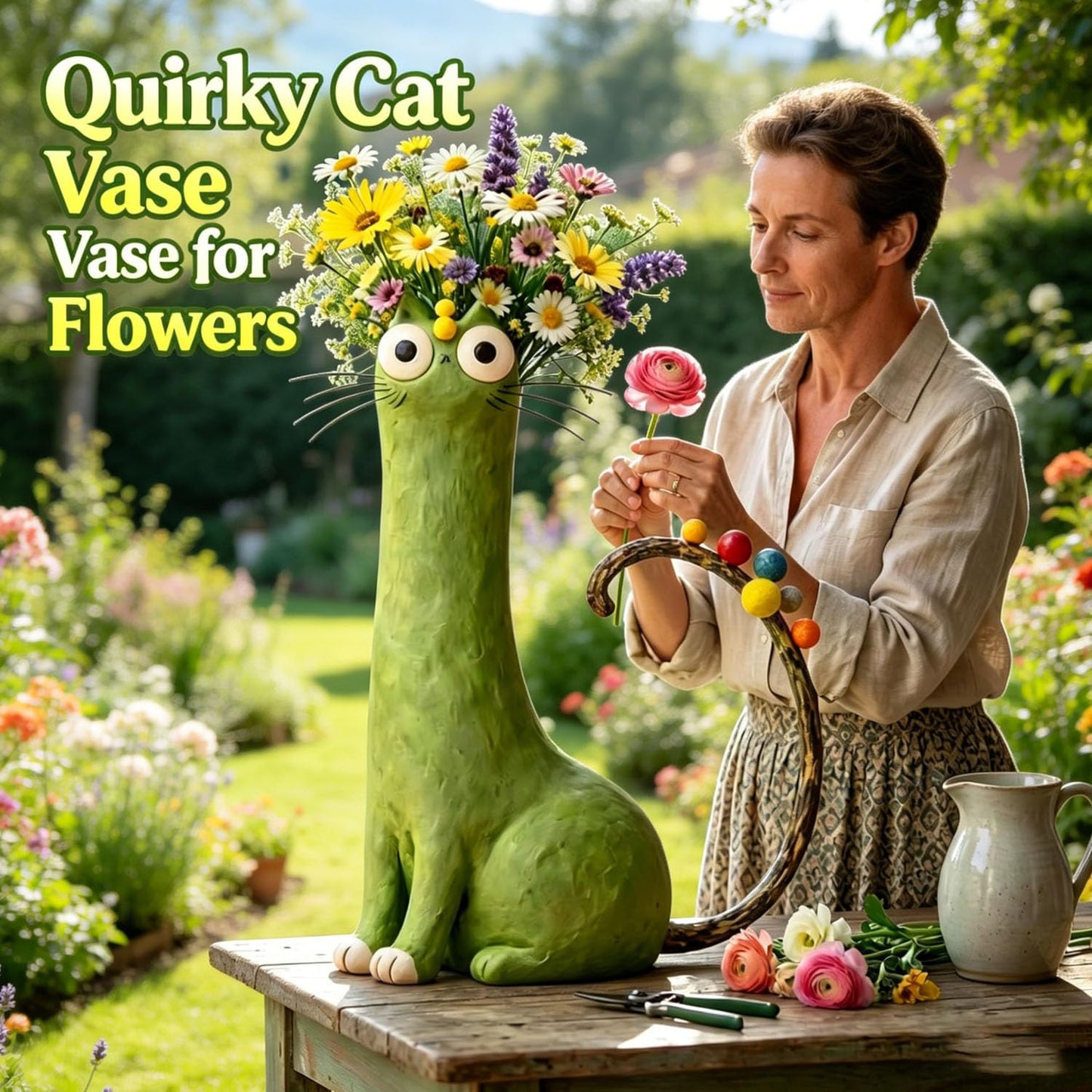 Andcrafted Quirky Cat Vase, Desk Ornament Gift for Cat Lovers, Features an Expressive Face and Playful Pose, Whimsical Kitty Planter for Small Flowers