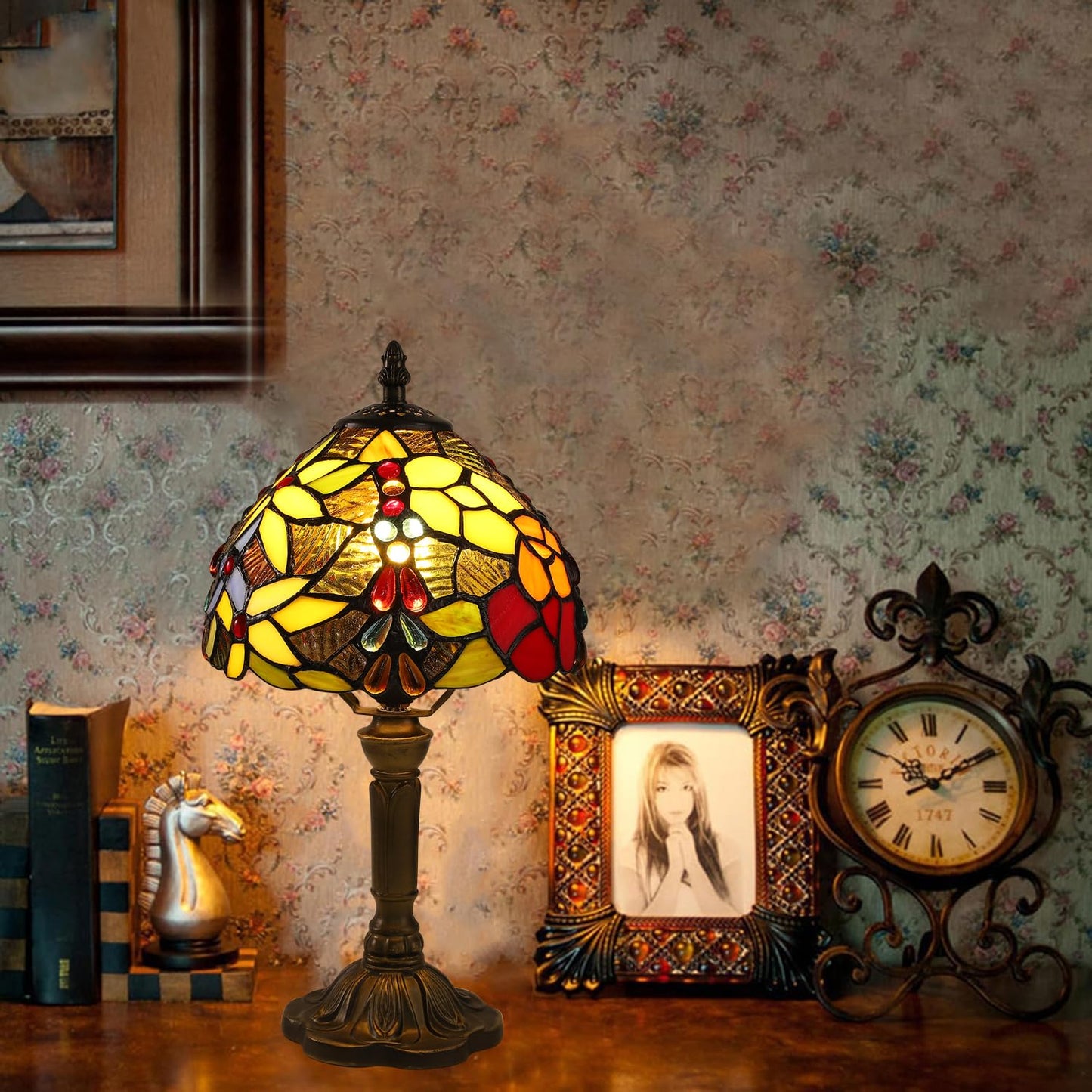 tuomoxte Tiffany Small Table Lamp for Bedroom Set of 2,Bedside Nightstand Lamp Rose Flower Grape Stained Glass Table Lamps for Living Room,3 Color Temperature Home Office Desk Lamp+LED Bulb