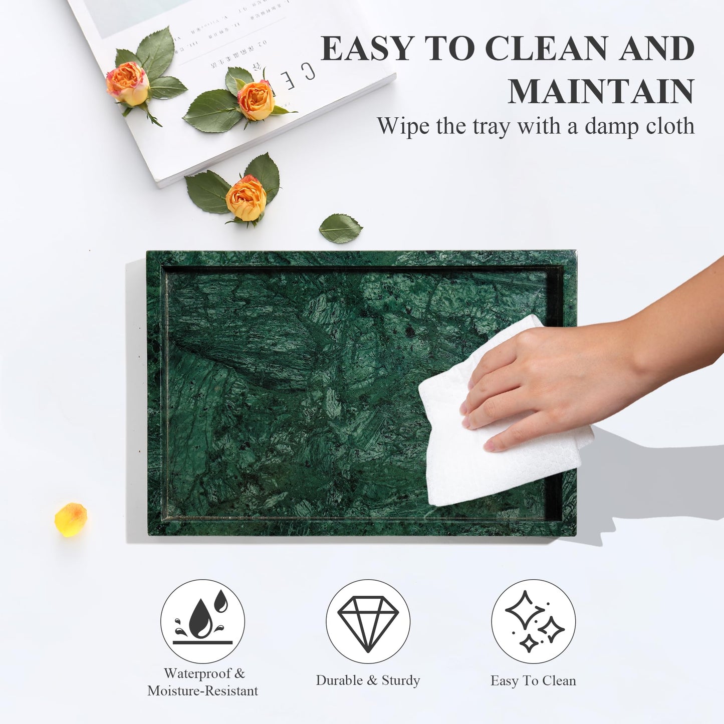 YMXYJM Real Natural Marble Tray for Bathroom, Genuine Marble Stone Vanity Tray, Luxury Storage Trays for Kitchen, Vanity, Home Decor, Dresser, Non-Resin/Non-Ceramic, 12"x 8"x 1.2", Dark Green