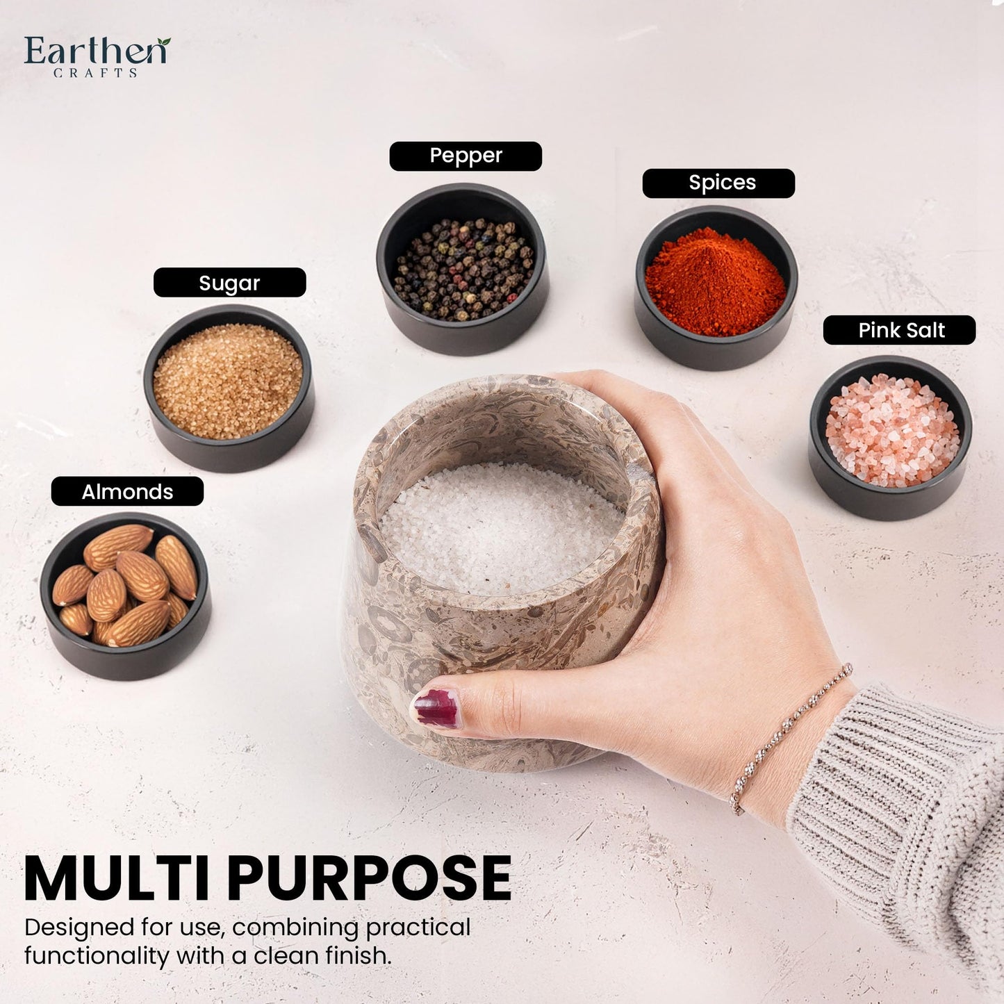 EARTHEN CRAFTS Marble Salt Cellar with Lid & Spoon Oceanic 4" Inch Seasoning & Spice Jar Salt Storage Container Salt Dish Salt Box 9.5 OZ, Coffee Holder for Kitchen Counter