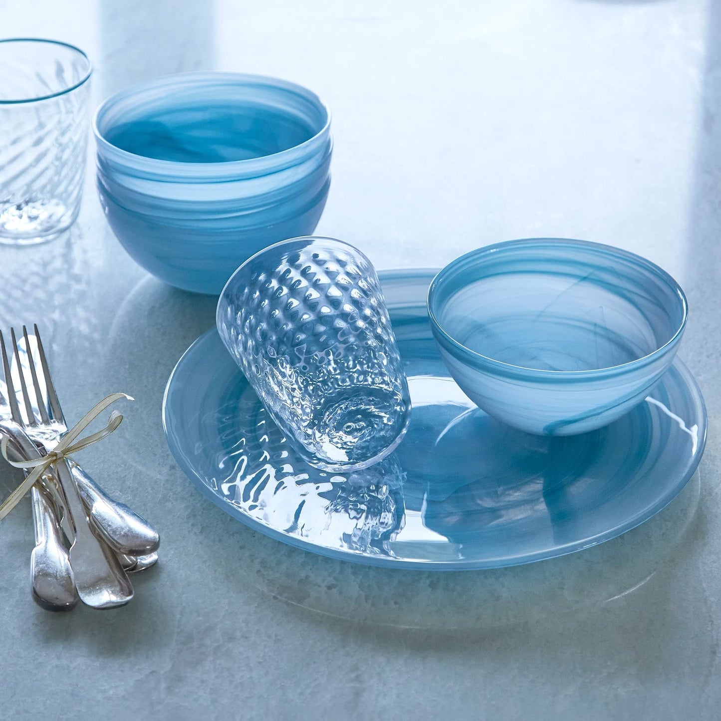 MARIPOSA ALABASTER AQUA DESSERT PLATE SET | AQUA | ALABASTER | TABLEWARE | CANAPE & SMALL PLATES | GLASS | HANDMADE IN TURKEY