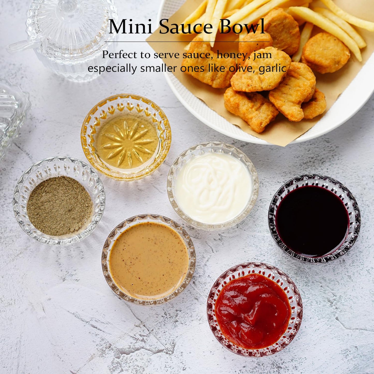 Set of 6 Mini Glass Bowls, 2 OZ Round Prep Bowl, Small Dipping Bowls