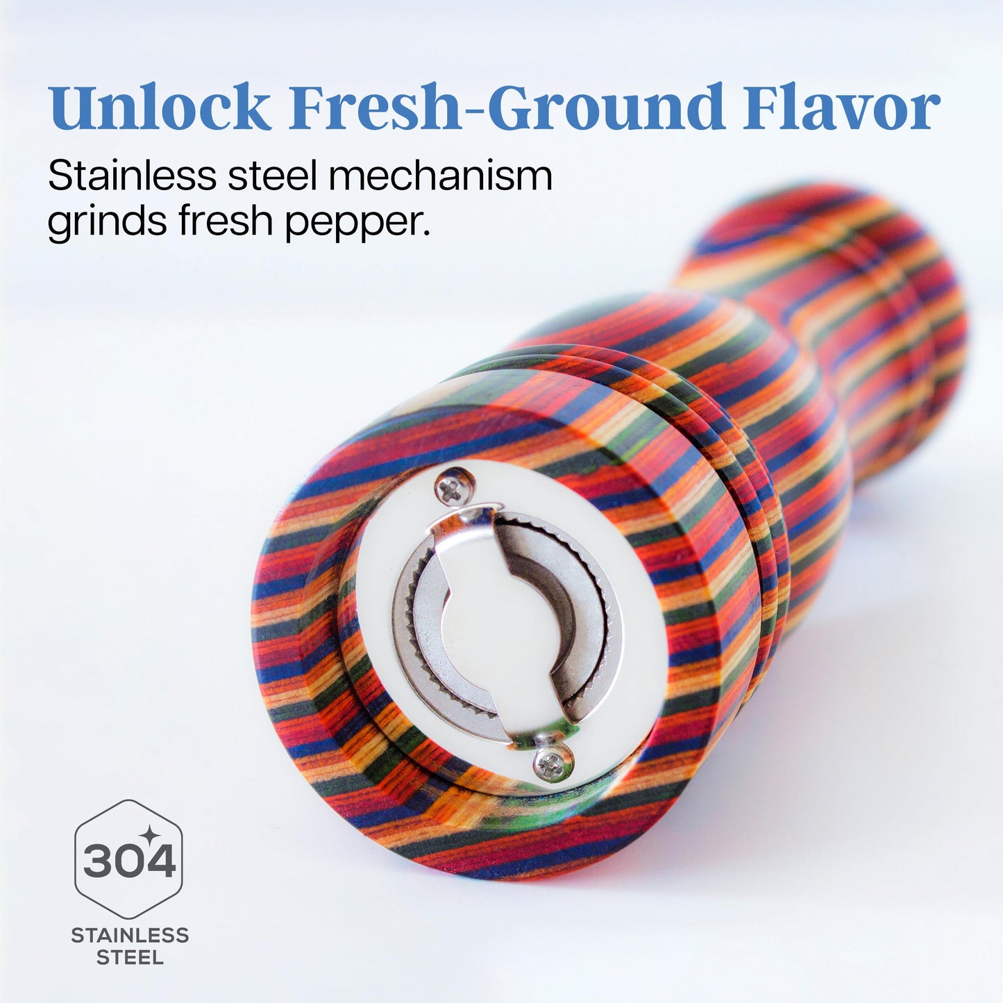 Baltique Marrakesh Wooden Pepper Grinder, Colorful Wood Pepper Mill with Adjustable Stainless Steel Grinding Mechanism, Refillable Manual Mill for Kitchen and Table Use, 8-Inch