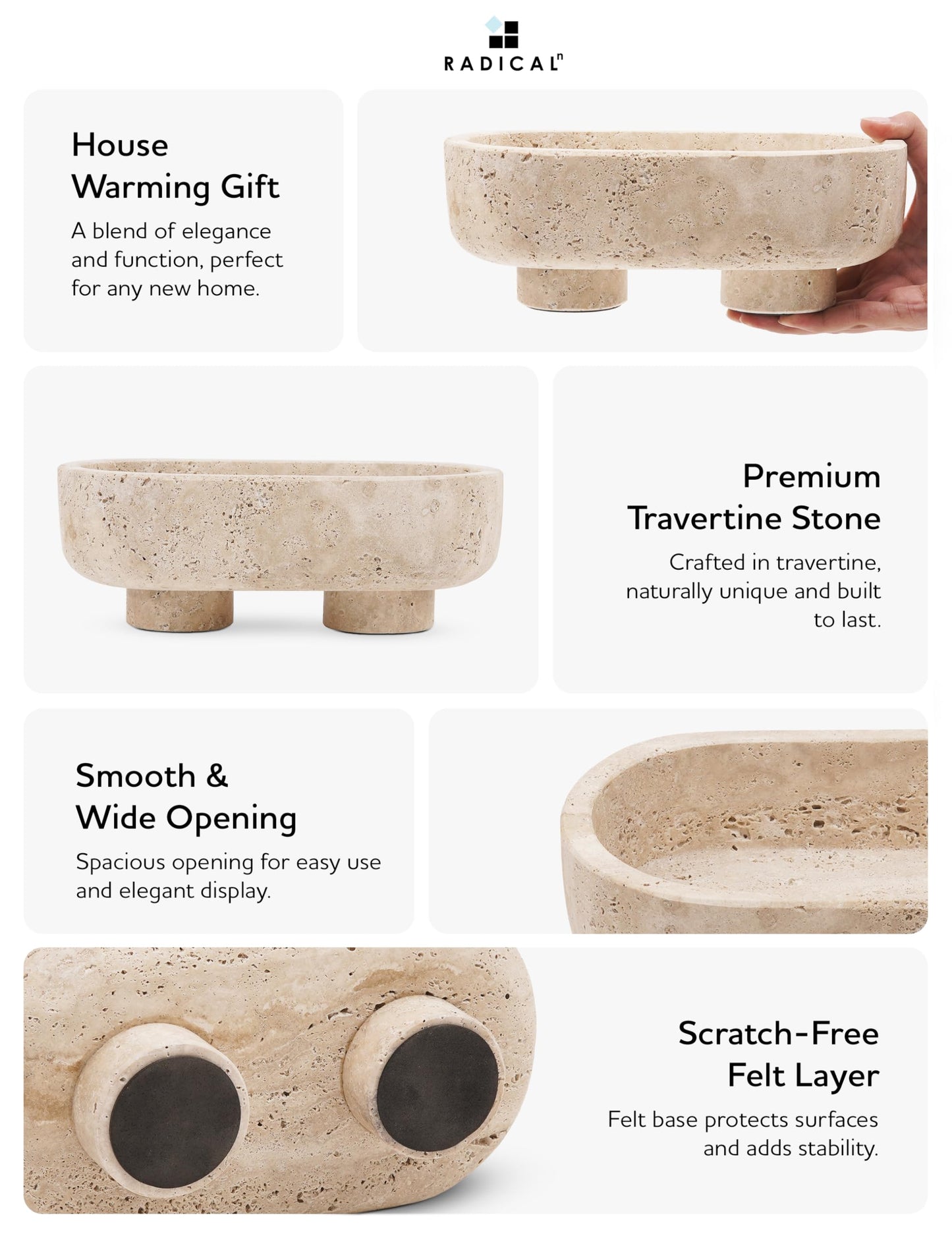 Radicaln Marble Oval Bowl With Stand 10" Inches Travertine Handmade Decorative Bowl, Ideal Key Bowl & Candle Holder, Candy and fruit Dish For Kitchen Countertop